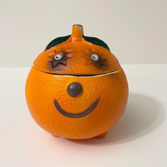 Vintage Orange Anthropomorphic Smiling Fruit Ceramic Sugar Bowl Googly Eyes - Picture 1 of 16